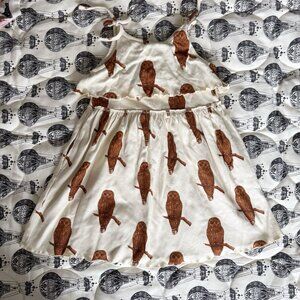 Kate Quinn Organics Girl Owl print spaghetti tie ruffle pocket dress 7 years